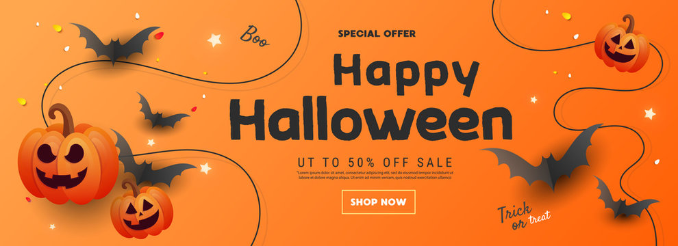 2024 Happy Halloween greeting sale banner with bats, pumpkins  on an orange background. Can be used for banner, poster, voucher, offer, coupon, holiday sale.