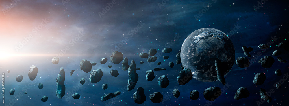 Sticker panoramic space scene. earth planet with asteroid and nebula. elements furnished by nasa. 3d renderi