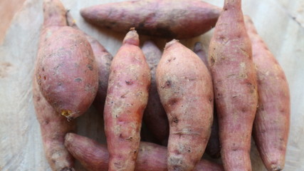 Delicious red sweet potato healthy food vegetarian diet in supermarket shelf farmer market