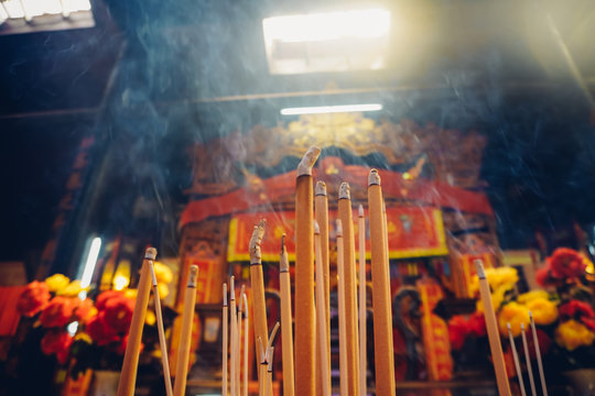 jostick burn with smoke in chinese temples