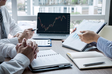 Business team discussion on meeting to planning investment trading project and strategy to investor of deal on a stock exchange with partner, financial and accounting concept, collaborative teamwork