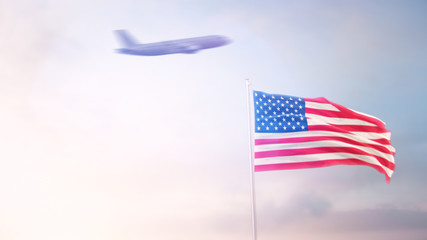USA Flag With Airplane At Background