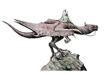 Big dragon with the rider illustration. Pencil drawing. Fantasy art.