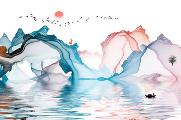 Abstract ink and wash landscape artistic conception adornment line background © guoquan