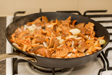 Fall season. Mushroom hunt. Saffron milk caps aka red pine mushrooms aka Lactarius deliciosus frying in a frying pan with brown onion.