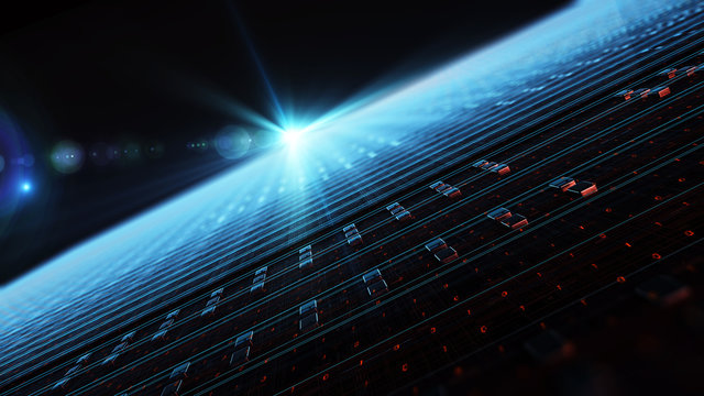 Binary code  background/Abstraction illustration binary code strings are processed by the computer's motherboard. Background from flares of binary code.