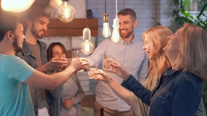 Group of caucasian people of different ages drinking alcohol and smiling. Mature man toasting. Friendly family celebrating holiday.