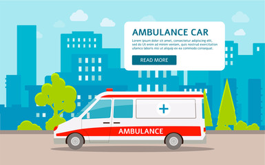 Ambulance car on the backdrop of cityscape flat vector illustration.