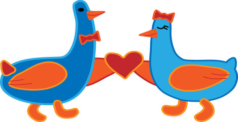 Couple birds with heart in flat style. Vector illustration for greeting card, flyer, icons.
