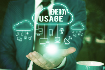 Writing note showing Energy Usage. Business concept for Amount of energy consumed or used in a...
