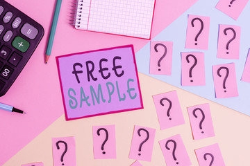 Handwriting text Free Sample. Conceptual photo portion of products given to consumers in shopping malls Mathematics stuff and writing equipment above pastel colours background