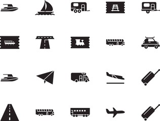 holiday vector icon set such as: motorhome, wave, minimal, carriage, sky, express, destination, art, traveler, icons, silhouette, station, roof, metal, arrive, mail, sea, sailboat, wagon, sketch