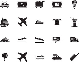 holiday vector icon set such as: voyage, front, asphalt, grey, street, map, wagon, destination, landing, logo, metro, road, airliner, control, arrive, railroad, industry, summer, trolley, express