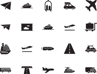 holiday vector icon set such as: locomotive, pass, school, railroad, front, marine, caravan, home, truck, vessel, bullet, metro, train, tourist, coach, leisure, motion, camping, stop, motorhome