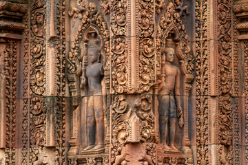 Bas-relief details carved in stone, Angkor Wat, Cambodia