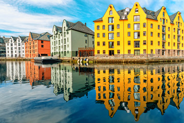 Great summer view of Alesund port town on the west coast of Norway