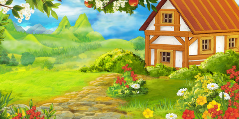 cartoon scene with mountains and valley with farm house and garden near the forest illustration for children © honeyflavour