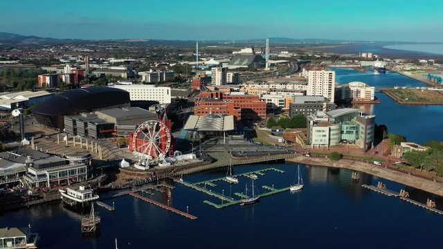Aerial view of Cardiff Bay, the Capital of Wales, UK 2019 on a clear sky summer day