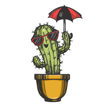 Cartoon cactus character in sunglasses with umbrella engraving sketch vector illustration. Tee shirt apparel print design. Scratch board style imitation. Black and white hand drawn image.