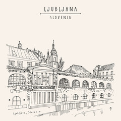 Ljubljana, Slovenia. Market arcade on the Ljubljanica river, Ljubljana cathedral and castle. Artistic drawing illustration. Travel sketch. Vintage hand drawn travel postcard