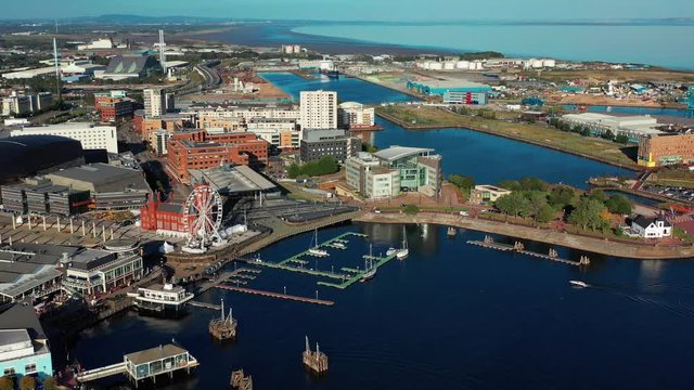 Aerial view of Cardiff Bay, the Capital of Wales, UK 2019 on a clear sky summer day