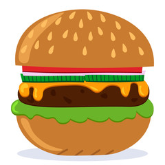 Vector image of a hamburger or cheeseburger on white background. Illustration for decoration of restaurant menu, wrapping paper, greeting card or poster. Printing on textiles. Flat style.