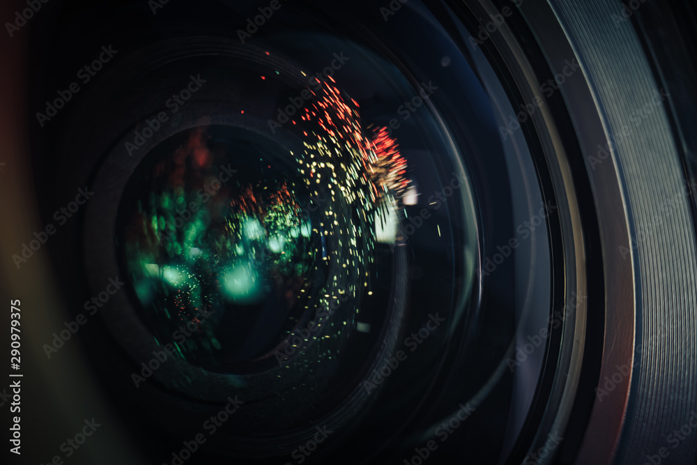 Aufkleber beautiful camera aperture lens with multi colored shine glass reflection. macro view.