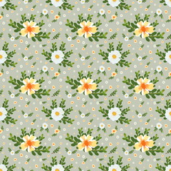 Verdolaga flower blossom seamless pattern on light grey background. Tropical botanical Motifs scattered random. Great for fabric, textile. 