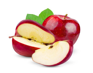 red apple with leaf isolated on white background.