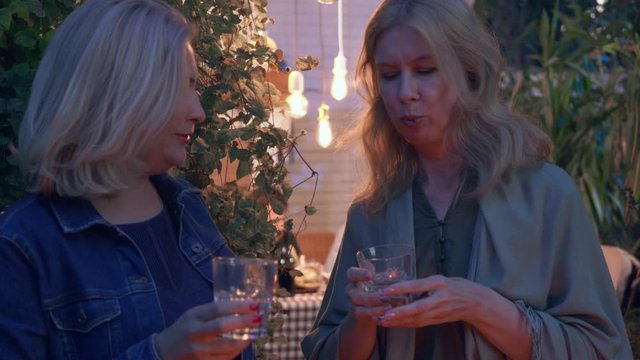 Two blond mature women chatting and drinking alcohol. Neighbours gossiping in the summer evening. Concept of friendship, good neighbor relationship.