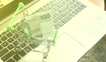 A mini shopping trolley standing on laptop with a Polish 100 zloty banknote as an online shopping concept.