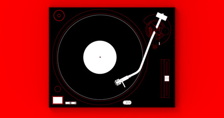 3D Illustration of a LP Vinyl Disc and Black and White Turntable on a Red Background.