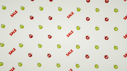 Three-dimensional word sale and Christmas balls with numbers of discounts. Christmas sale concept. 3d rendering illustration.
