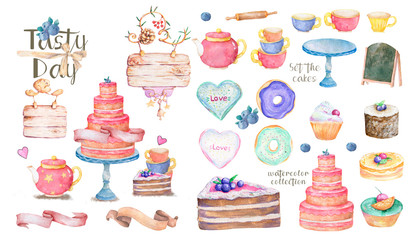 Tasty set of birthday party. Watercolor cakes and cups, colorful cartoon illustration on white background. Greeting card, invite poster.