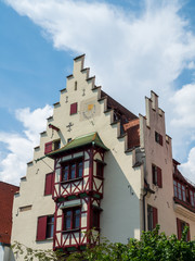 Residential house about Ulm city wall or, the town walls were built into the “raging waters of the Danube” as a defence against hostile armies small island (insel) in Danube river, Ulm.