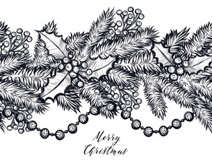 Merry Christmas. Vector illustration, spruce branches, mistletoe berries, bells, garlands, Christmas tree toys,prints on T-shirts,background white, handmade,card for you