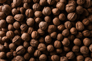 Background of fresh walnuts a lot of relief, closed, in a shell (background, pattern) from a close distance with full frame, copy space and place for text