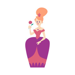 Cartoon princess in pink dress standing and holding a rose