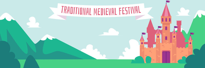 Traditional medieval festival - flat cartoon banner with fantasy castle