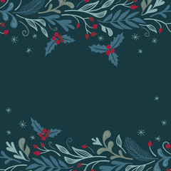 Fototapeta na wymiar Winter flora square vector card template. Christmas design.
