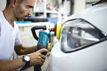 Car polishing details in workshop stock photo