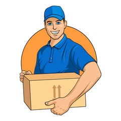 Smiling delivery man in blue uniform with box in hands on white background. Vector illustration