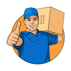 Smiling delivery man in blue uniform with box in hands shows Like. Vector illustration on white background