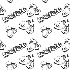 Hand drawn pattern seamless international recycling symbol on white background. Recycle sign for ecological design zero waste lifestyle.