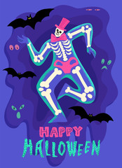 Fototapeta na wymiar Halloween greeting card, costume party. Trendy dancing skeleton with lettering. Hand drawn vector character