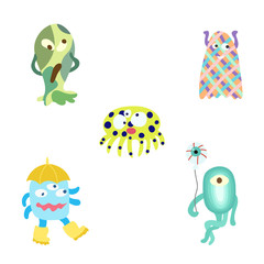 Hand drawn set of scary and funny monsters. Halloween flat vector cartoon characters