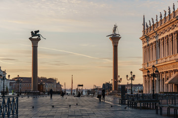 Fototapeta premium Sunrise view of piazza San Marco, Doge's Palace (Palazzo Ducale) in Venice, Italy. Sunrise cityscape of Venice.