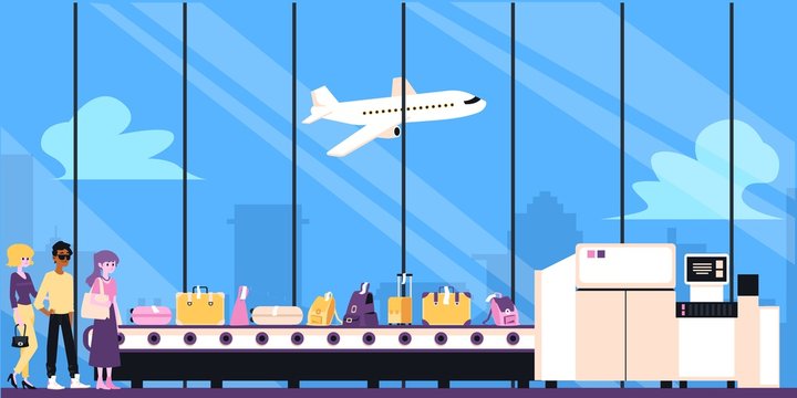 People waiting for buggage on the airport luggage carousel flat cartoon illustration.