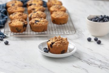 Homemade Blueberry Muffins on Cooling Rack with One Isolated in Front on Small White Plate; Bowl of Blueberries in Background; White Countertop