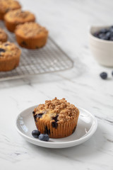 Homemade Blueberry Muffins on Cooling Rack with One Isolated in Front on Small White Plate; Bowl of Blueberries in Background; White Countertop